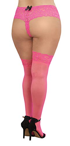 Dreamgirl Women's Plus-Size Sheer Thigh-High Stockings with Silicone Lace Top, Neon Pink, Queen - 8