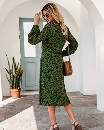 X&Armanis Die langärmelige Kleid, Baumwolle V-Ausschnitt Leoparden-Print Kleid lässig Sommerkleid,Grün,XL - 4